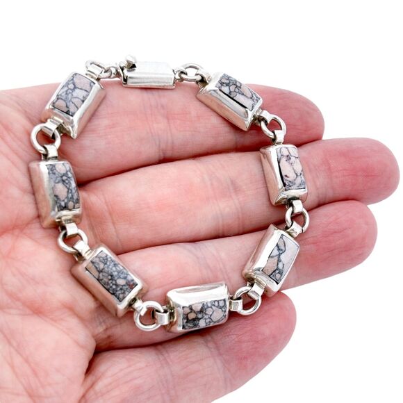 Vintage Mexico Sterling Silver 925 10mm Pink Howlite Link Bracelet 7.5" - Picture 1 of 6